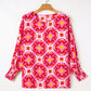 Strawberry Pink Geometric Print Shirred Cuff 3/4 Sleeve Loose Blouse