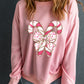 Pink Christmas Bow Candy Cane Graphic Drop Shoulder Crew Neck Sweatshirt