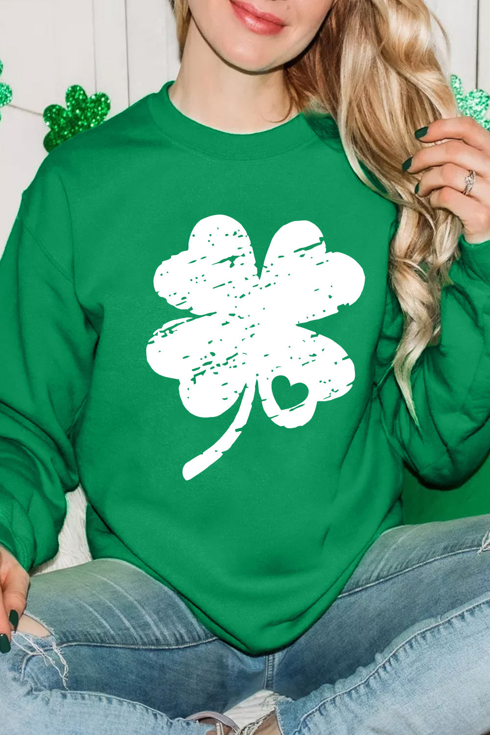 Dark Green St. Patricks Lucky Clover Graphic Sweatshirt