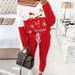 2 Piece Christmas Cartoon Santa Slaus Reindeer Let it Snow Print Long Sleeve Top Stretchy Waist Tracksuit Set