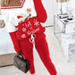 2 Piece Christmas Cartoon Santa Slaus Reindeer Let it Snow Print Long Sleeve Top Stretchy Waist Tracksuit Set