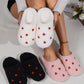 White Heart Shape Embroidered Slip On Plush Slippers