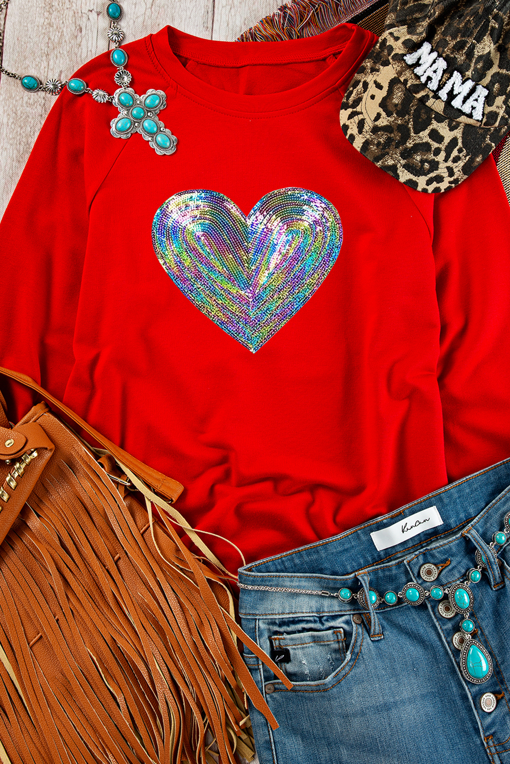 Red Bold Sequin Heart Crewneck Valentines Pullover Sweatshirt