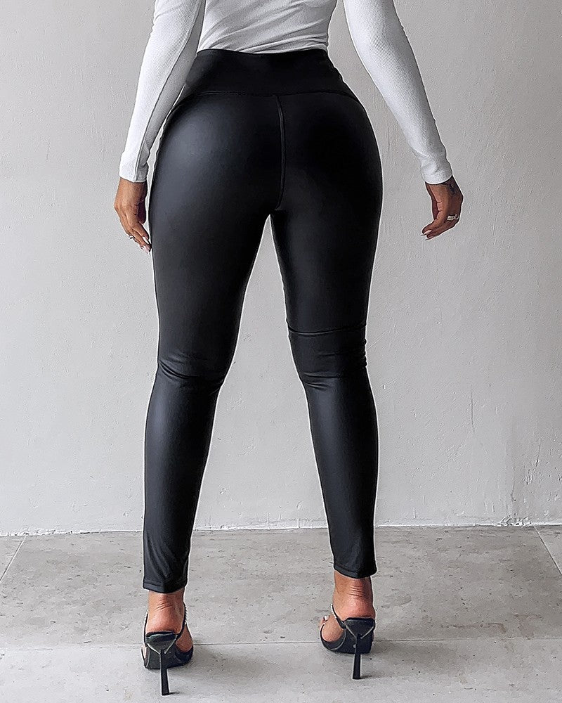 Curved High Waist PU Leather Fleece lined Thermal Pants