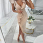 Rose Ruffles Flutter Sleeve Slit Pencil Party Dress