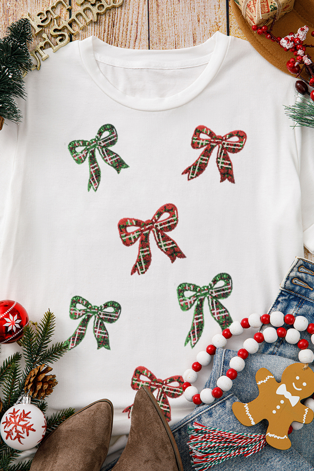 White Christmas Bowknot Graphic Cotton Blend T Shirt