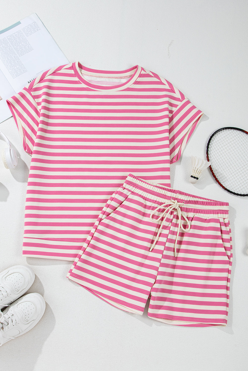 Rose Stripe Crew Neck T Shirt and Drawstring Shorts Set