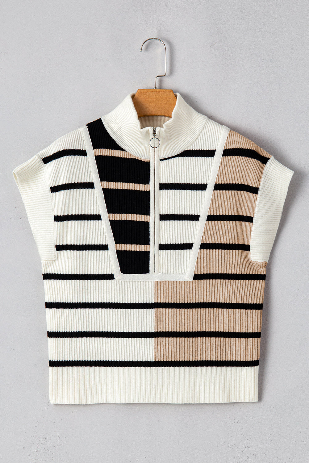 Black Stripe Colorblock Quarter Zip Collar Sweater Vest