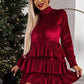 Racing Red Velvet High Neck Tiered Ruffle Mini Dress