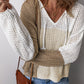 Brown Colorblock Hollow-out Front Tie V Neck Lightweight Sweater