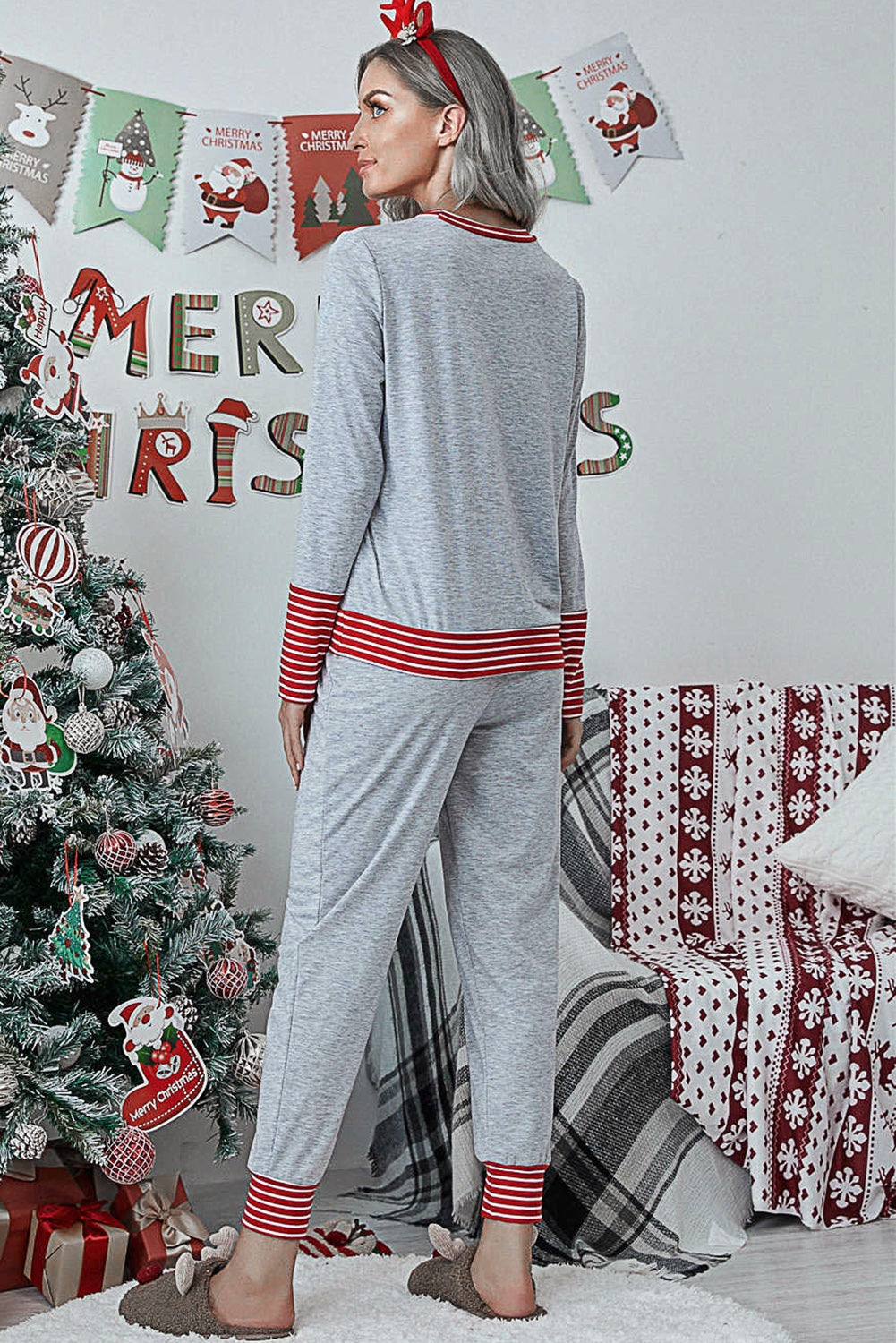 Light Grey Christmas Striped Contrast Two Piece Lounge Set