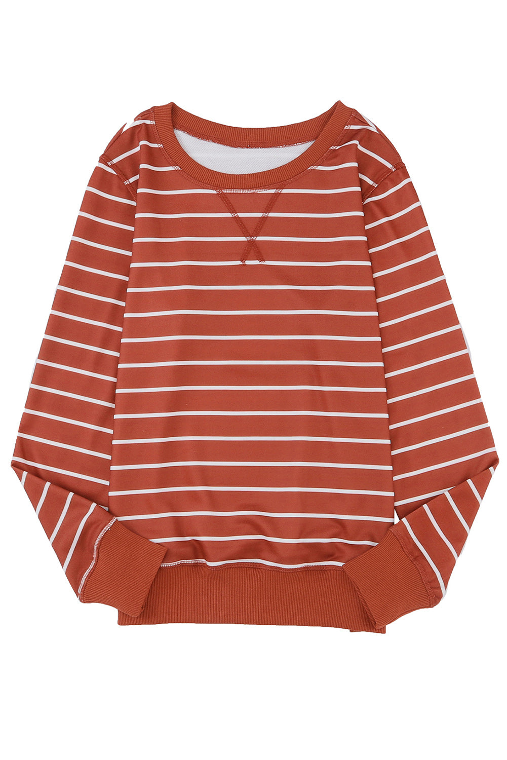 Red Striped Print Ribbed Trim Long Sleeve Top