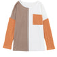 Orange Long Sleeve Colorblock Chest Pocket Textured Knit Top