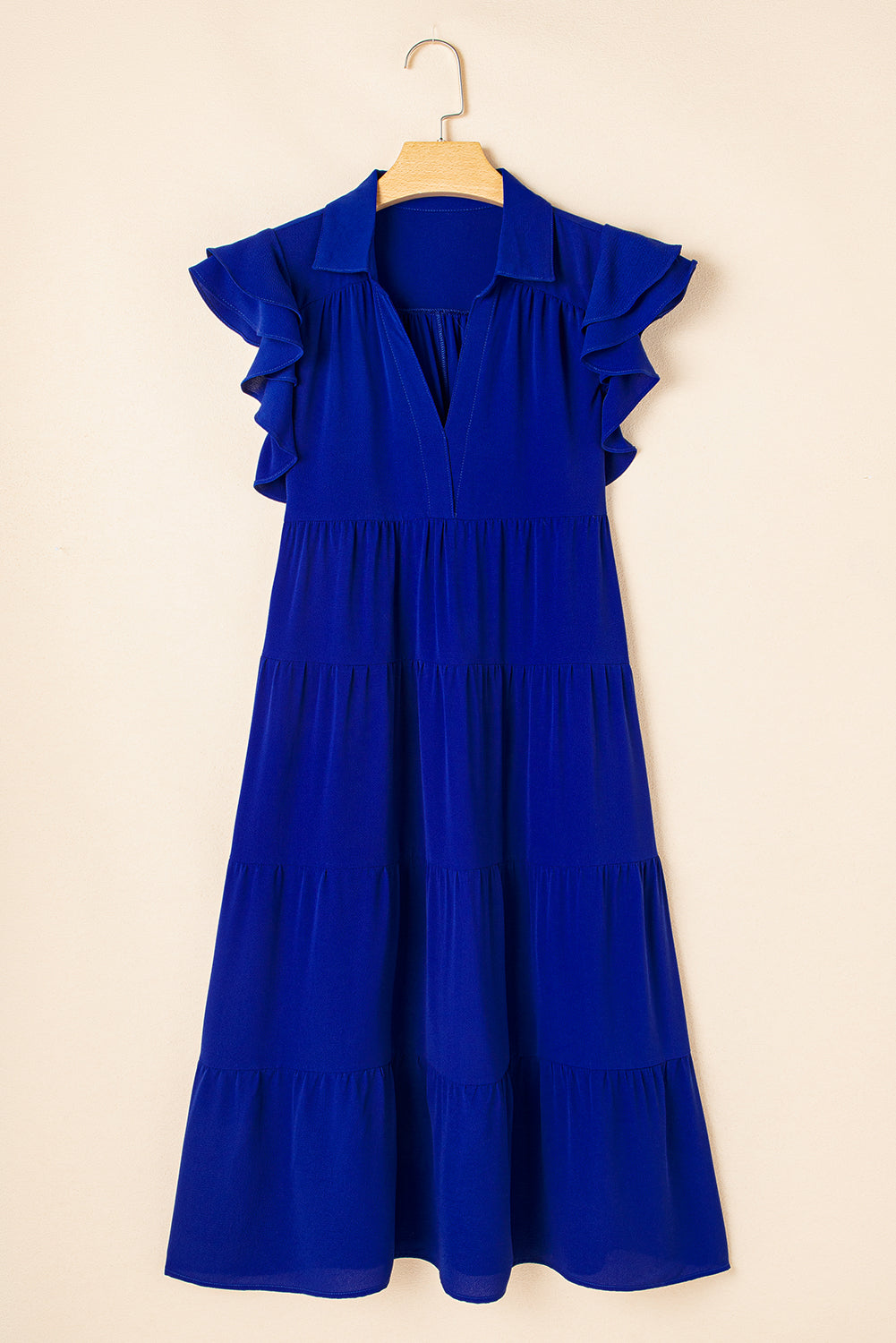 Bluing Ruffled Short Sleeve Collared V Neck Tiered Midi Dress