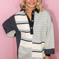 Black Stripe Colorblock Knit Henley Collar Shift Long Sleeve Mini Dress