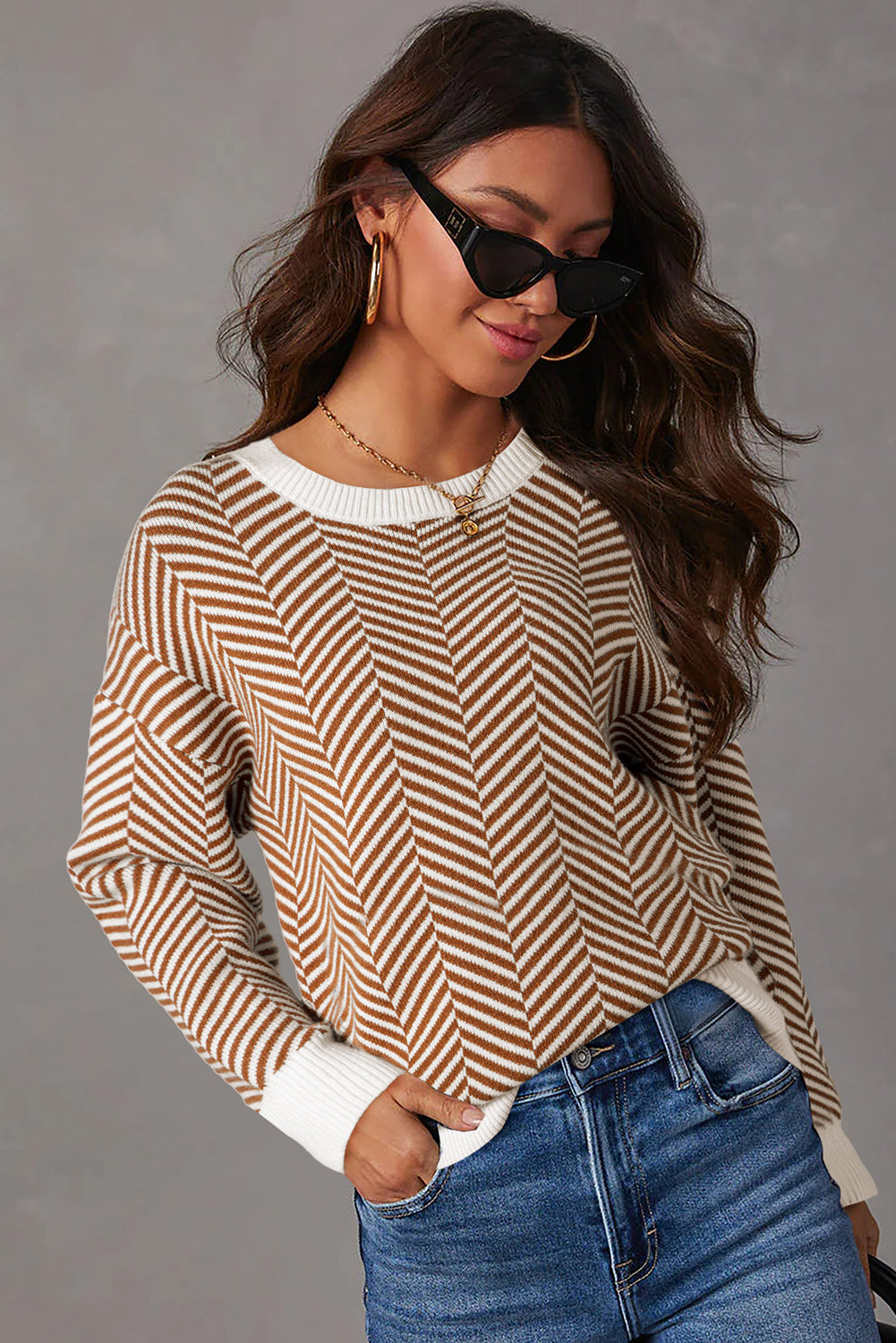 Coffee Contrast Edge Crew Neck Drop Shoulder Sweater