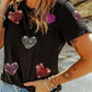 Black Sequin Heart Patched Pattern Crewneck Valentines Tee