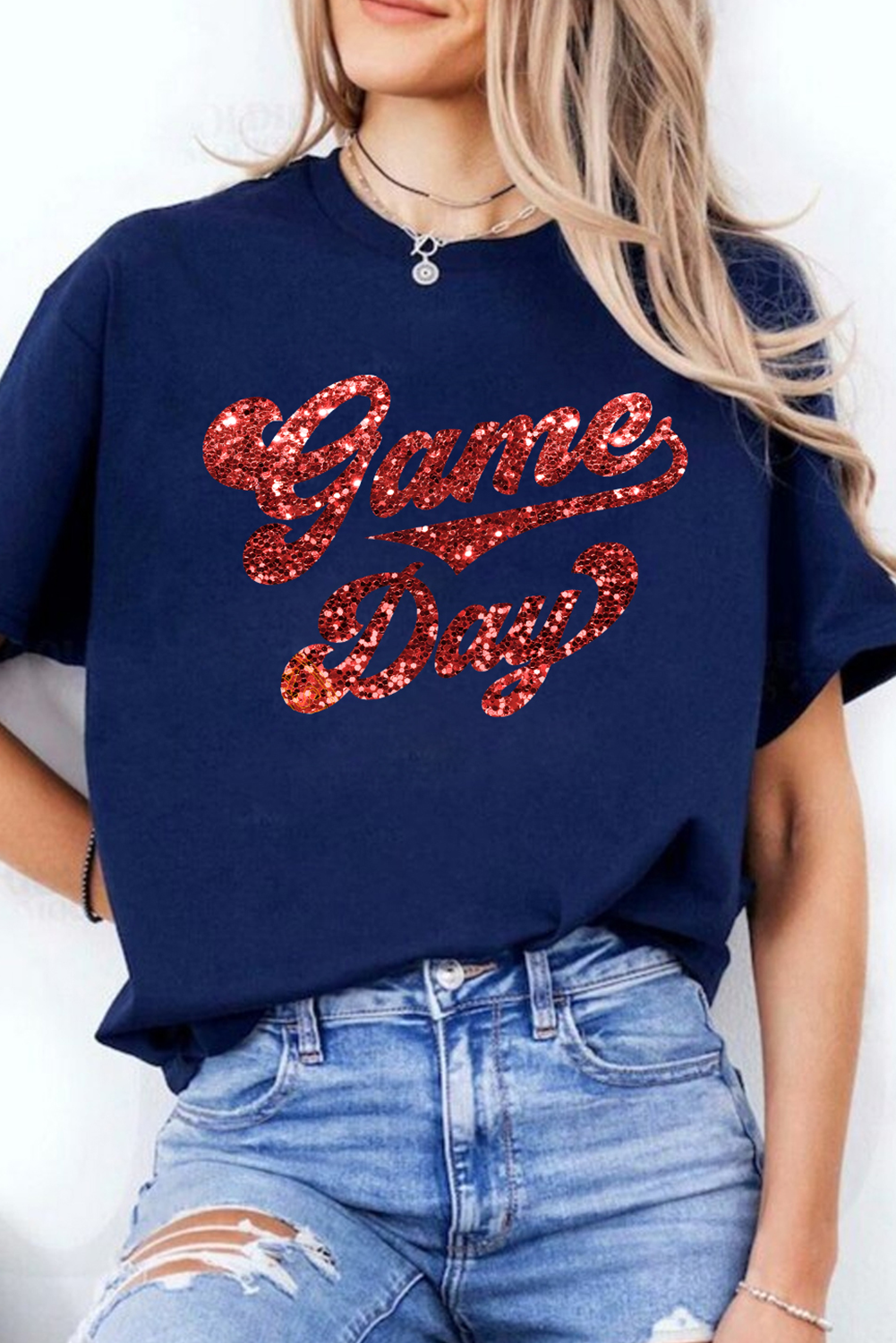 Blue Glittering Game Day Graphic Cuffed Sleeve Crew Neck T Shirt