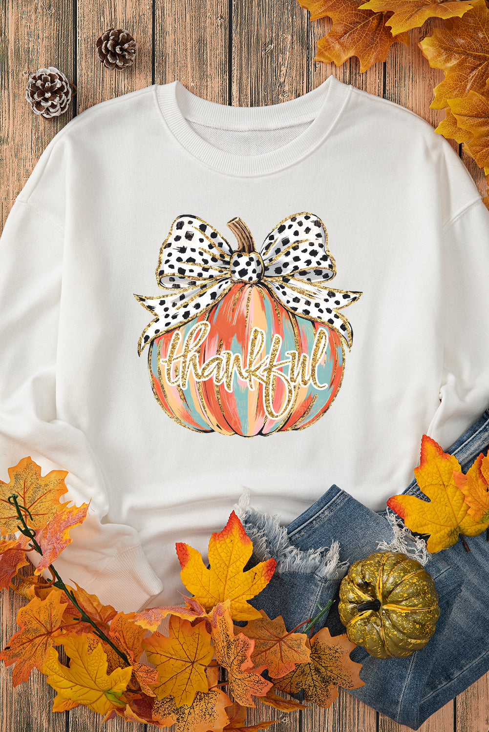 Beige Polka Dot Bow Knot Pumpkin Print Thanksgiving Sweatshirt