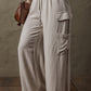 Beige Boho Linen Drawstring Waist Raw Edge Cargo Loose Pants