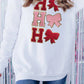 White Chenille HO HO HO Bow Patched Graphic Christmas Sweatshirt