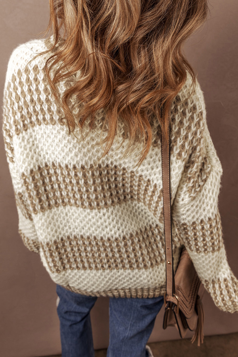 Brown Stripe Drop Shoulder Round Neck Loose Sweater