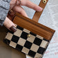 Coffee Leather Checkered Canvas Patchwork Card Storage Wallet