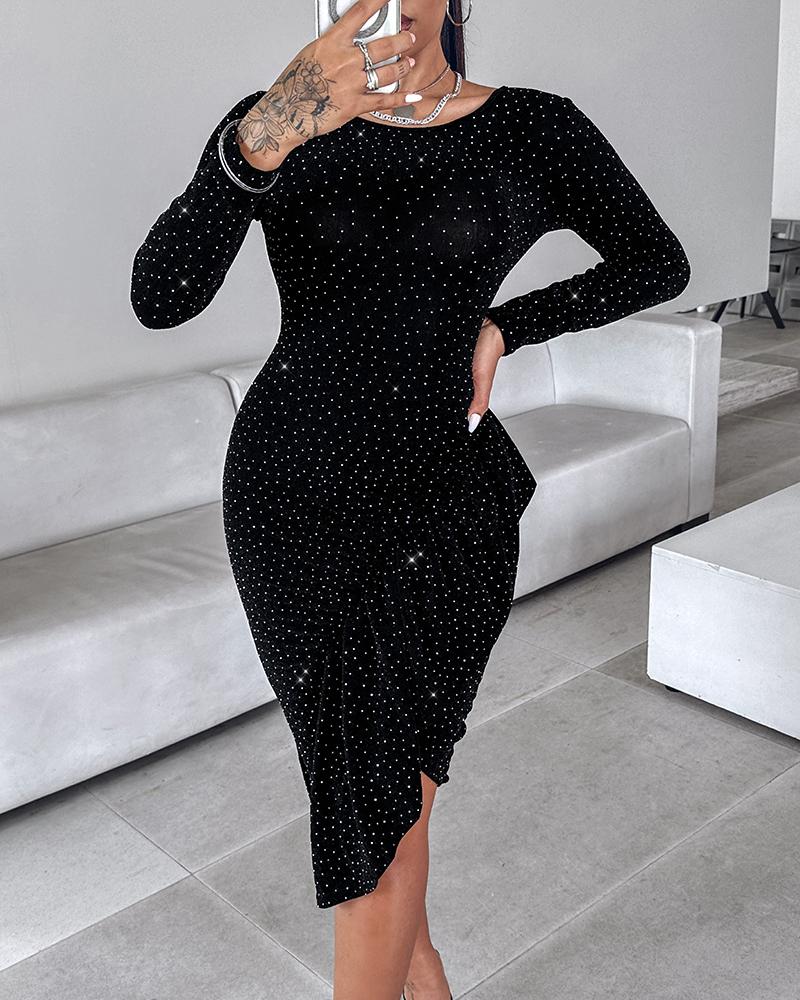 Polka Dot Pattern Long Sleeve Ruched Asymmetrical Hem Bodycon Dress