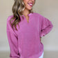 Bright Pink Solid Color Notched Neck Drop Shoulder Sweatshirt