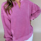 Bright Pink Solid Color Notched Neck Drop Shoulder Sweatshirt