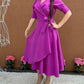 V Neck Puff Sleeve Ruffles Waist Drawstring Mid Calf Dress Casual Dress