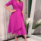 V Neck Puff Sleeve Ruffles Waist Drawstring Mid Calf Dress Casual Dress