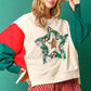 Apricot Christmas Tinsel Star Side Slits Colorblock Sweatshirt