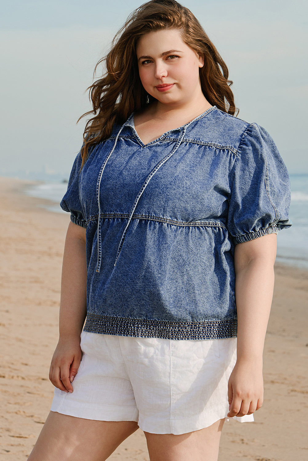 Sail Blue Plus Drawstring V Neck Puff Sleeve Denim Blouse