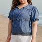 Sail Blue Plus Drawstring V Neck Puff Sleeve Denim Blouse