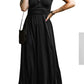 Black Short Sleeve Shirred High Waist V Neck Maxi Dress