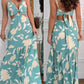 Floral Print Spaghetti Strap Ring Decor V Neck Dress Casual Waist Hollow Out Vacation Maxi Dress