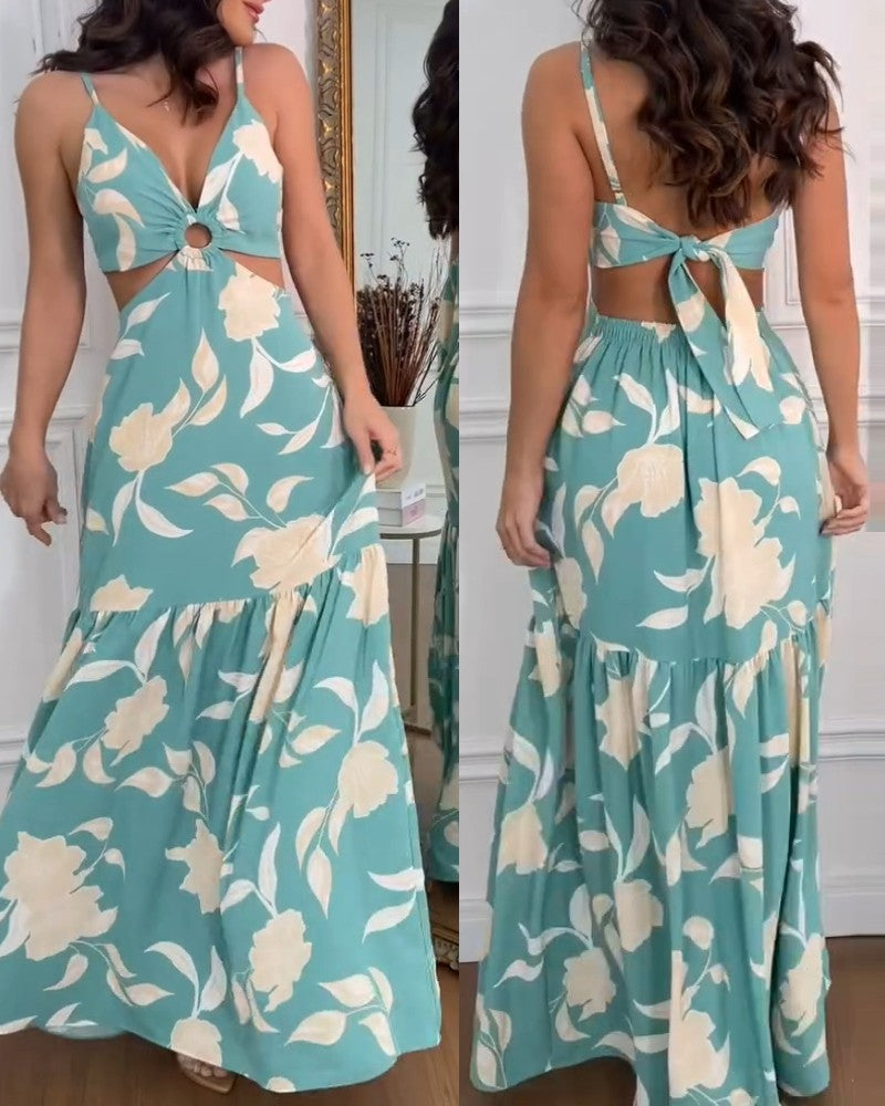 Floral Print Spaghetti Strap Ring Decor V Neck Dress Casual Waist Hollow Out Vacation Maxi Dress