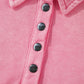 Pink Solid Snap Buttons Collared Balloon Sleeve Oversized Sweatshirt