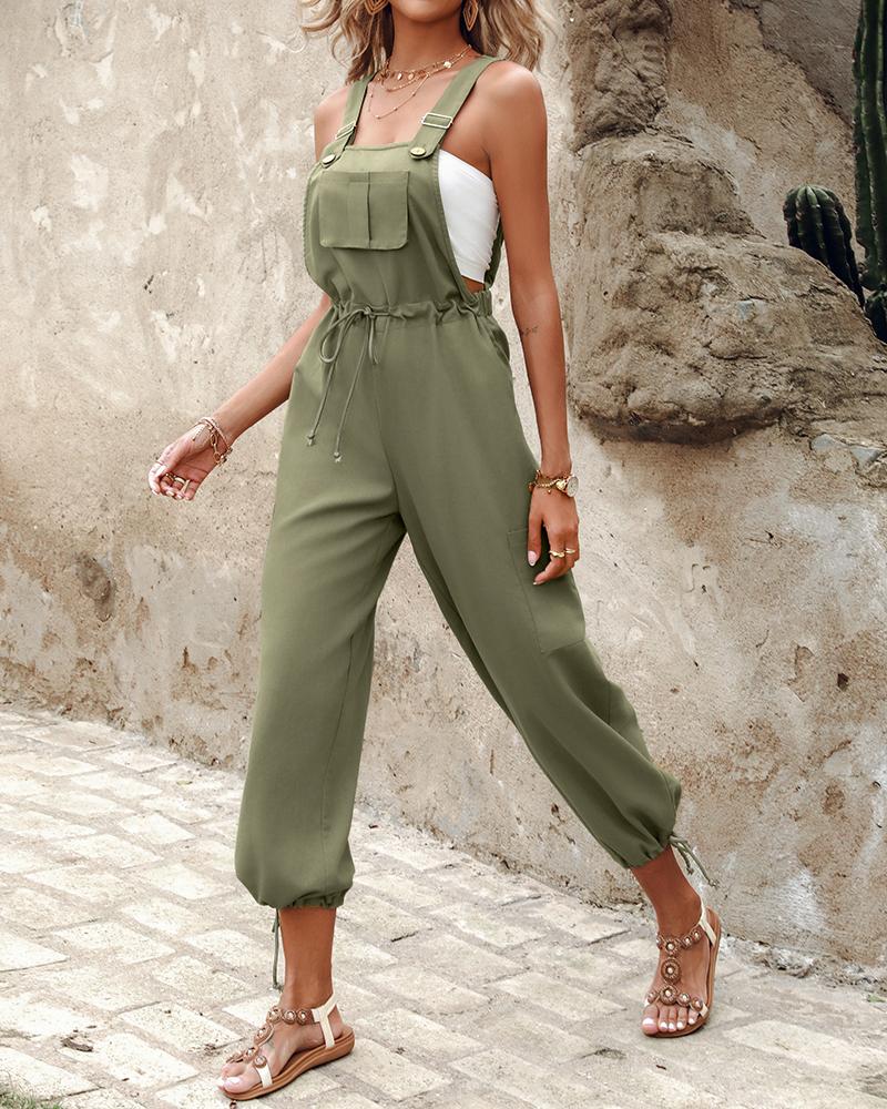 Pocket Design Drawstring Suspender Jumpsuit