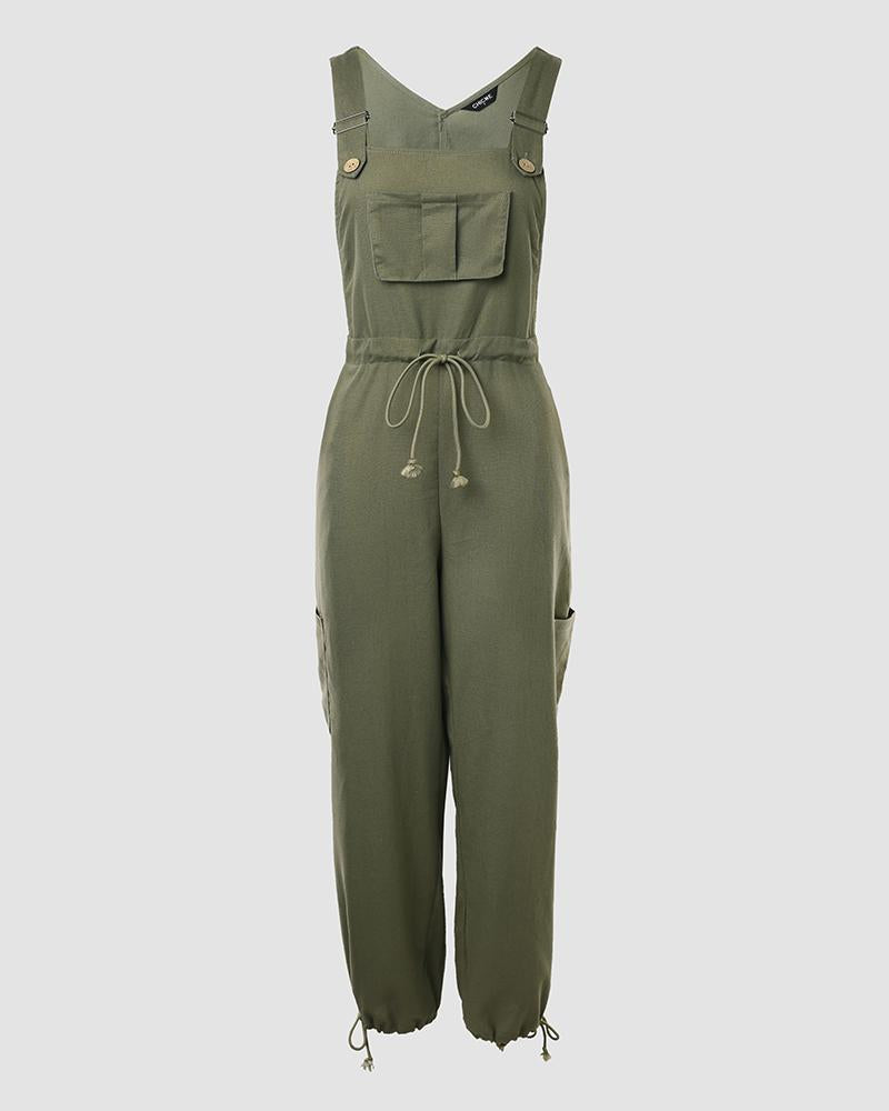 Pocket Design Drawstring Suspender Jumpsuit