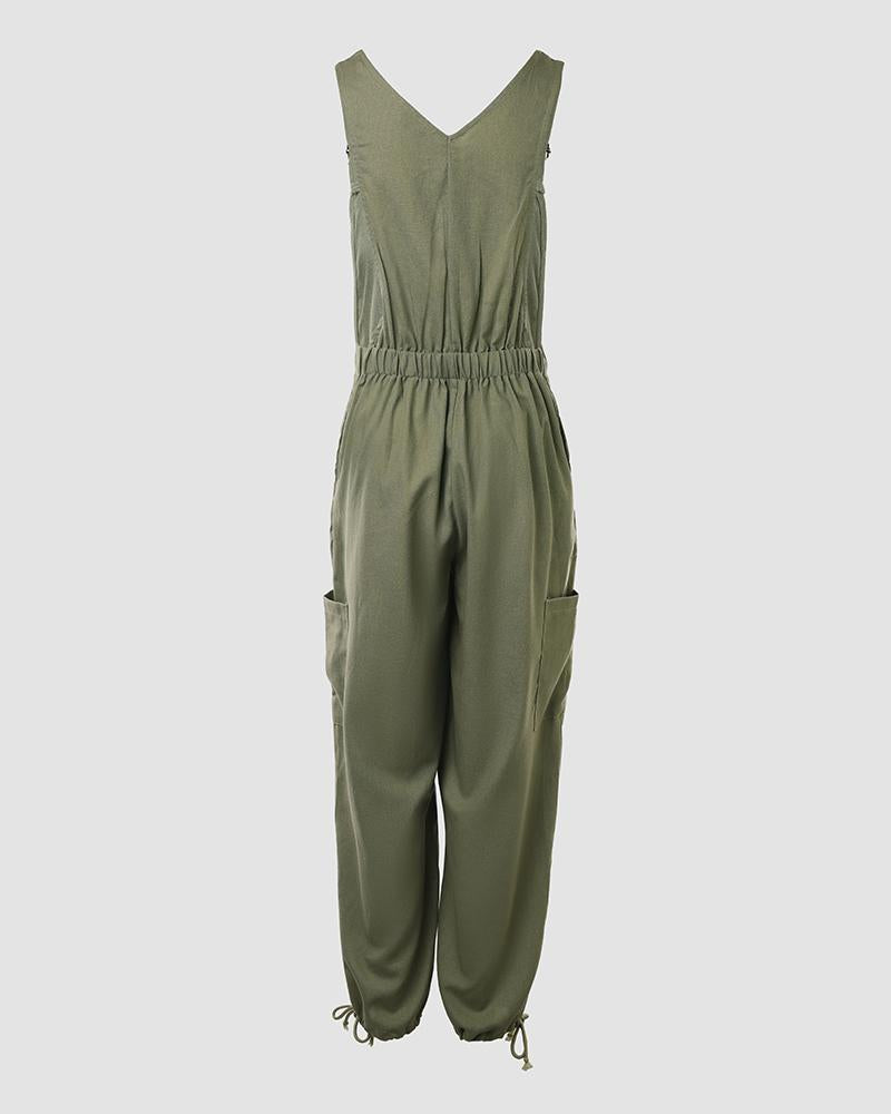 Pocket Design Drawstring Suspender Jumpsuit