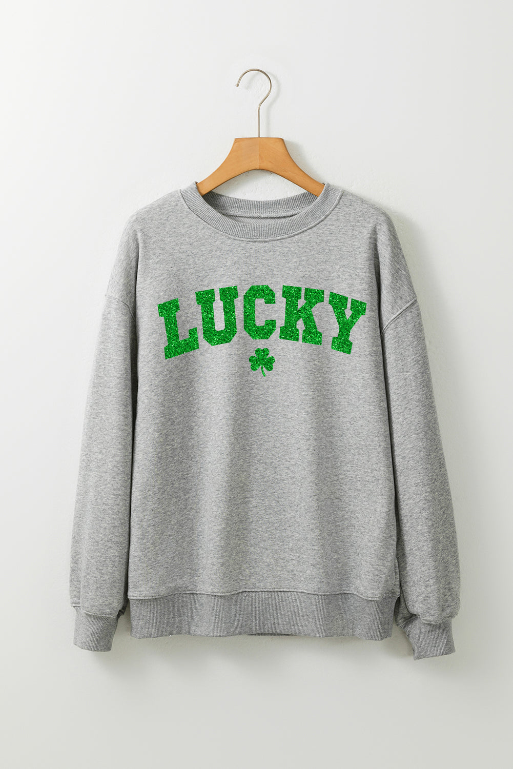 Gray Glitter LUCKY Clover Printed St Patricks Drop Shoulder Sweatshirt