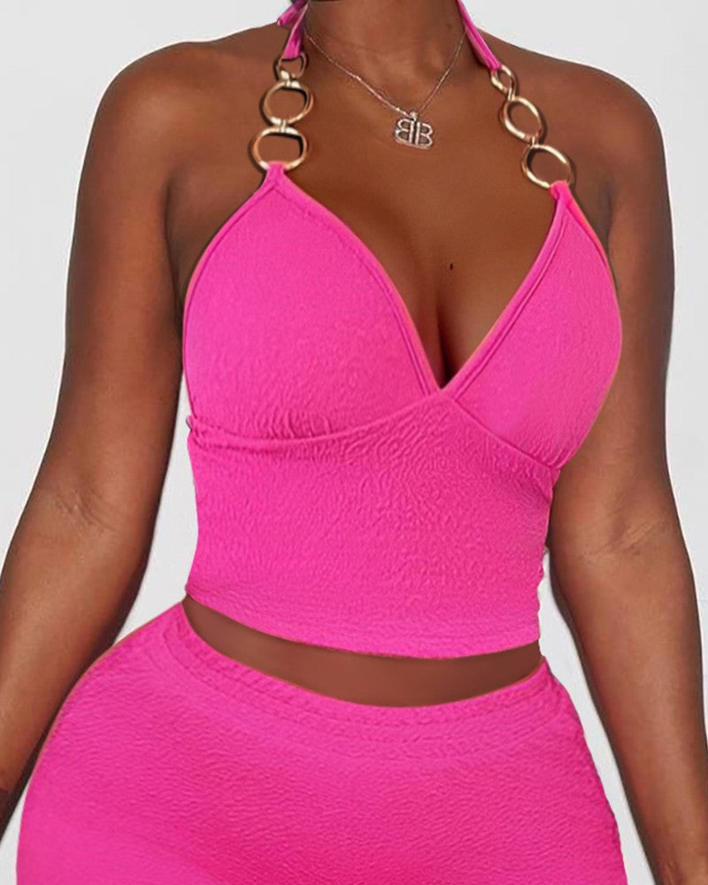 Tied Detail Chain Decor Halter Top & Shorts Set