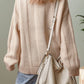 Pale Khaki Solid Color Cable Knit Ribbed Loose Sweater