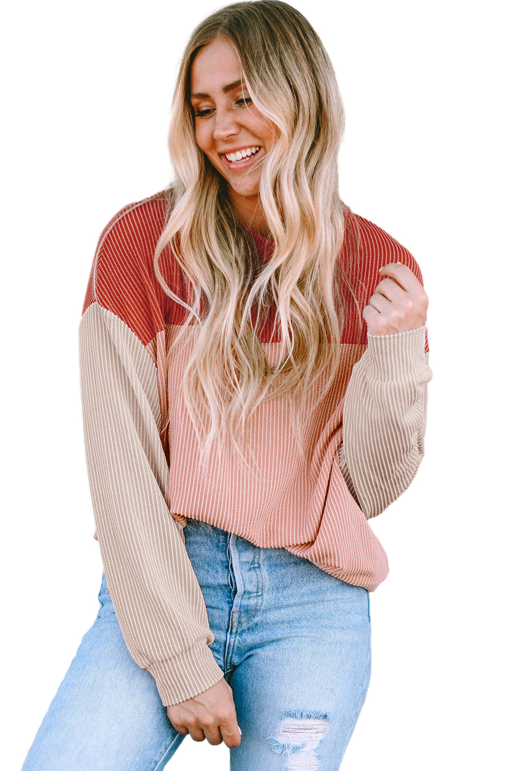 Fiery Red Color Block Long Sleeve Ribbed Loose Top