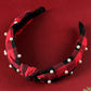 Red Dahlia Pearl Decor Christmas Plaid Knotted Headband