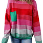 Rose Striped Knit Patch Pocket Drop Shoulder Sweater