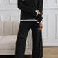 Black Contrast Trim Split Cuffs Long 2pcs Sweater Outfit Loungewear