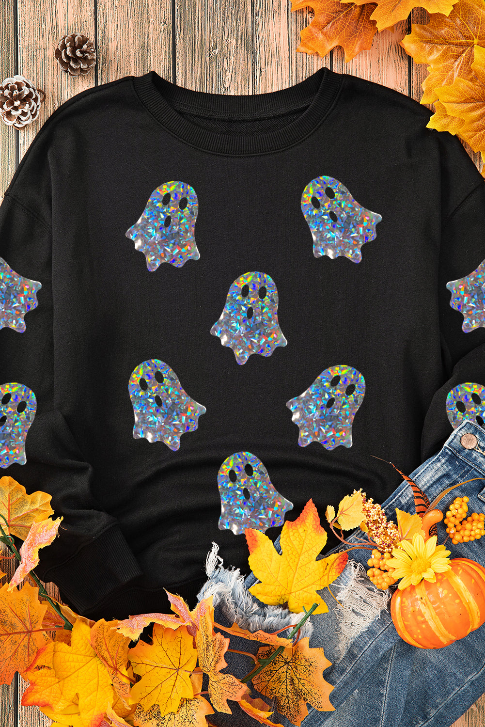 Black Glitter Ghosts Pattern Long Sleeve Halloween Sweatshirt